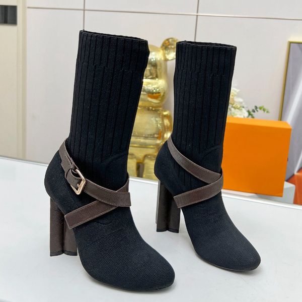 

black stretch fabric ankle boot platform martin boots comfort sock boot for woman flower-shaped heel booties high heeled socks sneaker rubbe