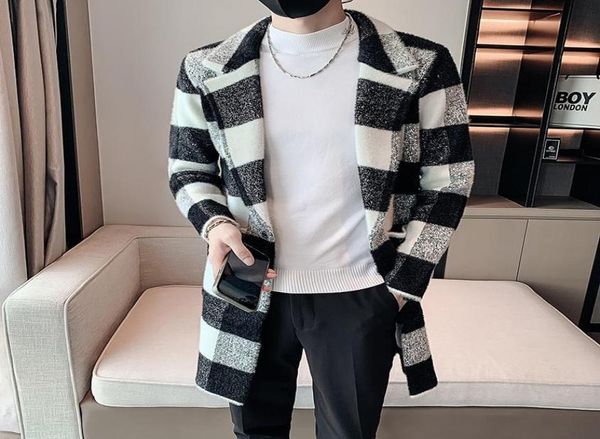 

men039s trench coats stylish vintage plaid retro checker printed long jackets england gentleman overcoats mens elegant coat4449041, Tan;black