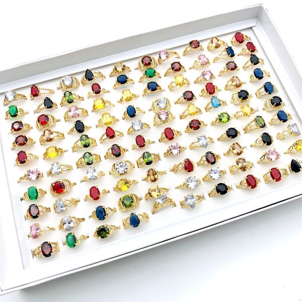 

wholesale 100pcs rings for women golden plated multicolor zircon stone fashion jewelry accessories party gift with a display box, Golden;silver