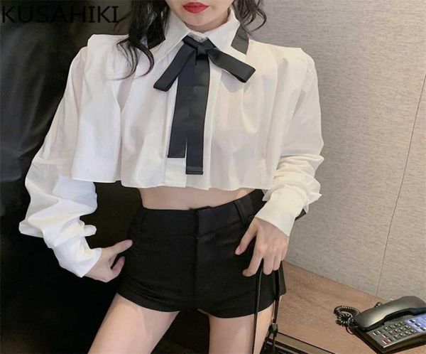 

high waist short women blouse bowknot turndown collar long sleeve shirt spring crop blusas mujer 6f326 2106034906294, White