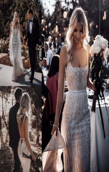 

berta mermaid wedding dresses 2020 square neck lace sequins beads backless beach wedding dress sweep train boho vestidos de n8279128, White