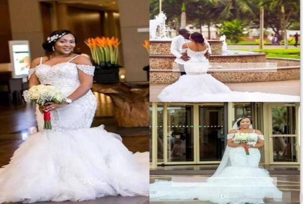 

african bridal gowns plus size wedding dresses spaghetti straps lace appliques beading capped mermaid tiered tulle long8060132, White