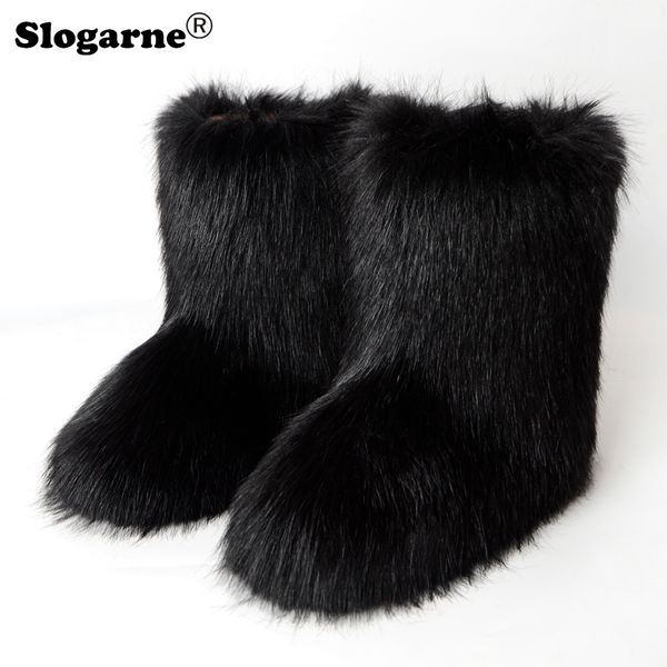

boots fashion fur women fluffy snow female winter warm plush platform shoes furry faux bottes luxury 230821, Black