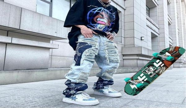 

men039s jeans ripped stitching large and women039s hip hop pants skateboarding loose y2k baggy6165070, Blue