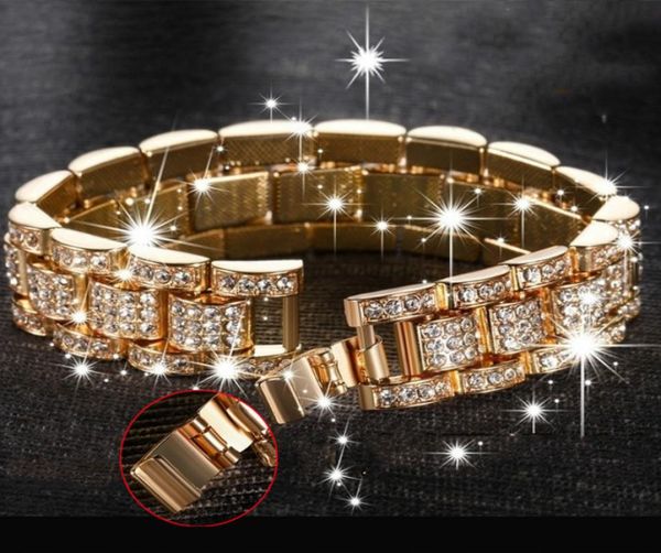 

rapper goldsilver solid chain iced thick miami cuban link chain luxury hip hop watchband bracelet mens rhinestone bracelet jew4704314, Golden;silver