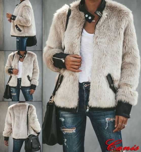 

winter plush stitching leather jacket plus size womens winter teddy bear fleece fur fluffy coat ziipper jackets jumper outwear8854714, Black