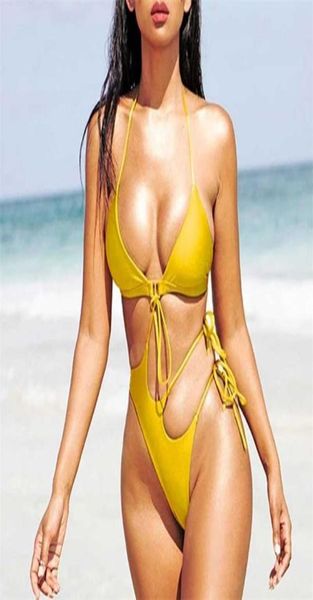 

mossha solid yellow swimwear women halter triangle swimsuit female hollow out extreme monokini high cut bathing suit 2103174457701, White;black