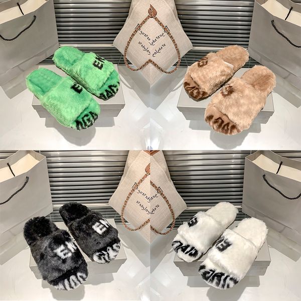 

luxury balacaigas allover logo furry slide sandals designer slippers women winter warm slipper low flat slides embroidered fur flip flops pa, Black