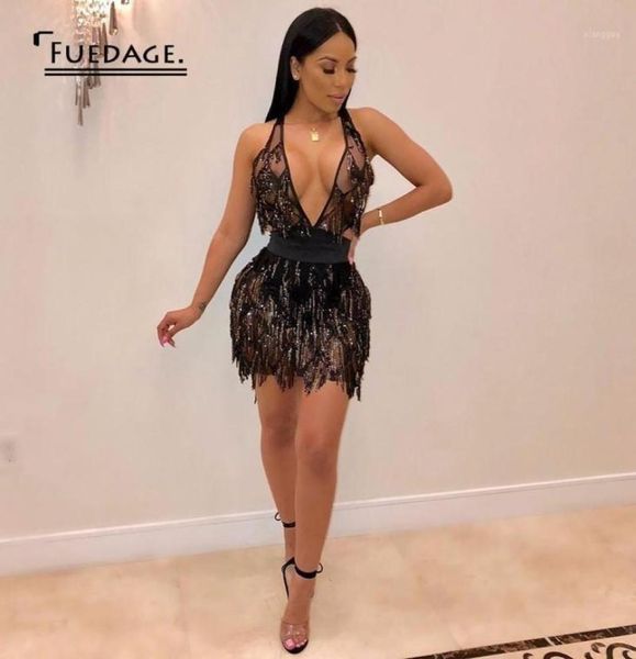 

summer bodycon dress women deep v neck tassel sequined bandage dress spaghetti strap backless club mini party vestido17103580, Black;gray