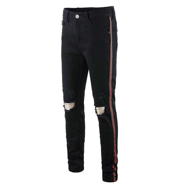 

2020 men skinny jeans piping casual slim denim knees holes ripped pants 220k, Blue