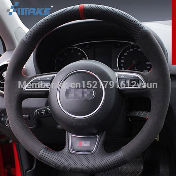 

for audi a1 hand-stitched anti-slip black leather black suede red thread diy steering wheel cover255l