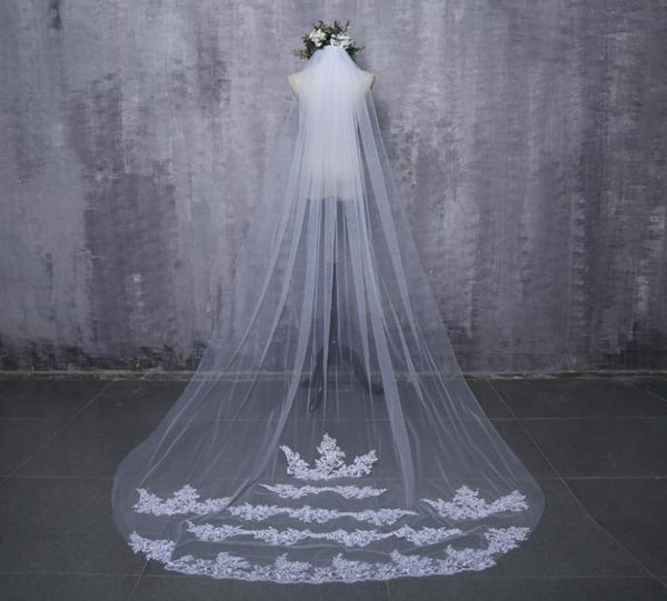 

2019 bride veils white applique tulle 3 meters veu de noiva long wedding bridal accessories lace veil7762699, Black