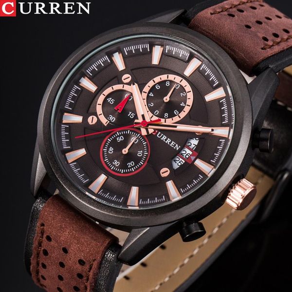 

cwp curren brand luxury casual military quartz sports wristwatch genuine leather strap male clock chronograph date men watches2928, Slivery;brown