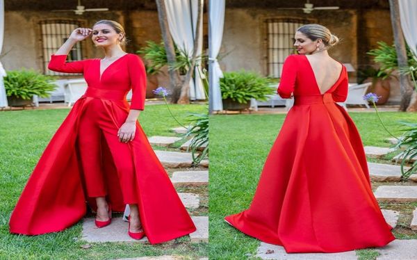

2022 fashion v neck back evening prom dresses jumpsuits formal with pants detachable train 34 sleeves mother of the bride dress s8531132, Black;red
