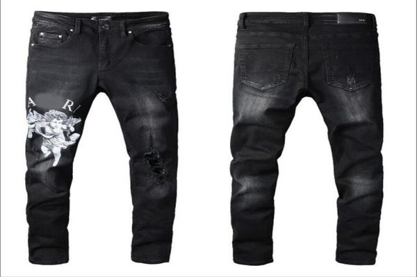 

mens plated ripped blue skinny jeans fashion designer distressed slim fit motorcycle biker hole beggar hip hop denim pants 03528529327783
