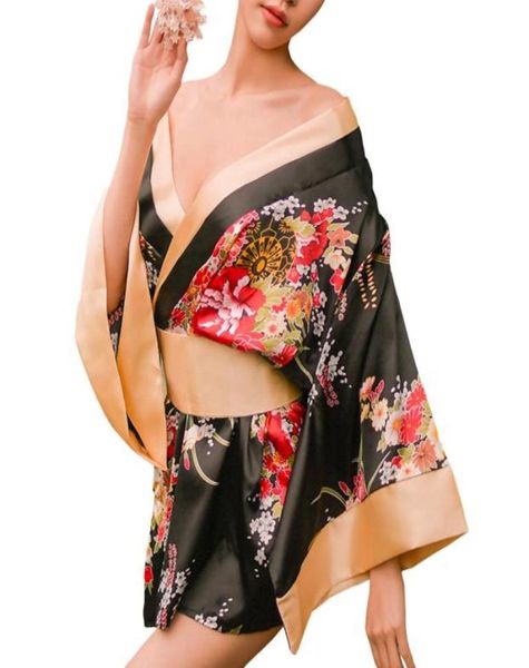 

women039s traditional japanese kimono style robe yukata costumes pajamas womens floral kimono costumes role play lingerie with 8918411295, Black;red
