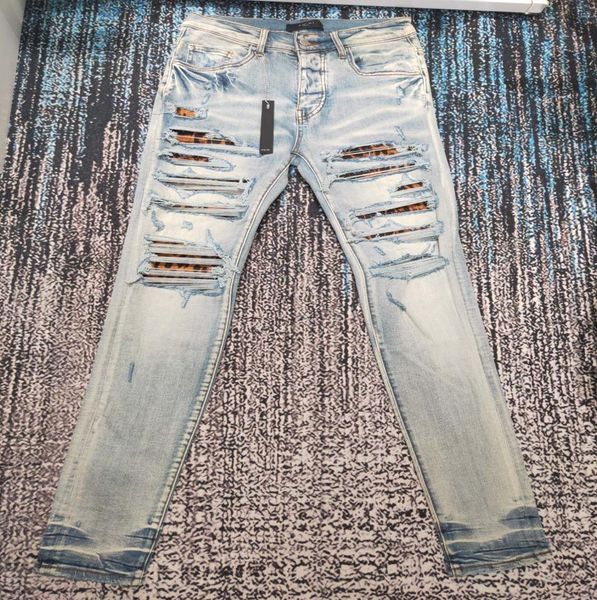 

falection mens 21fw jeans distressed motorcycle biker jean skinny slim ripped hole stripe fashionable leopart printed8989487, Blue