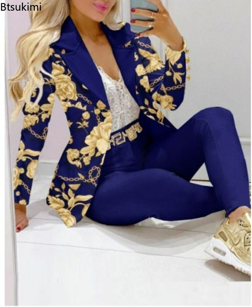 

women's two piece pants women formal jacket trousers office lady outfits autumn women two pieces set print blazer coat pants suit sets, White