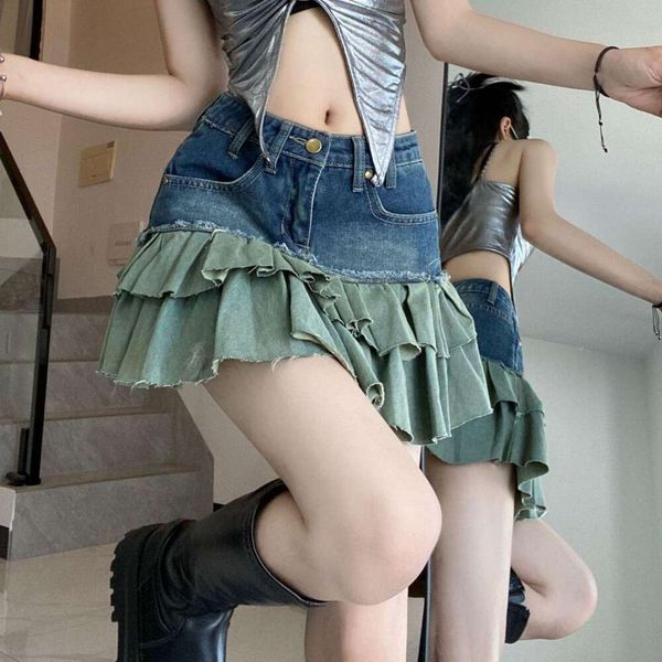 

item title casual sweet a line skirt contrasting colors pleated denim summer high waist for women, Black