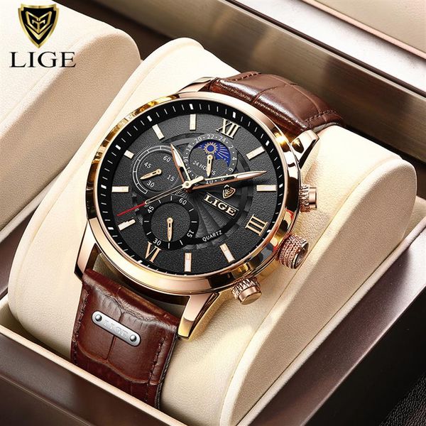 

2021 lige watches mens brand luxury clock casual leathe 24hour moon phase men watch sport waterproof quartz chronograph box uh256s, Slivery;brown