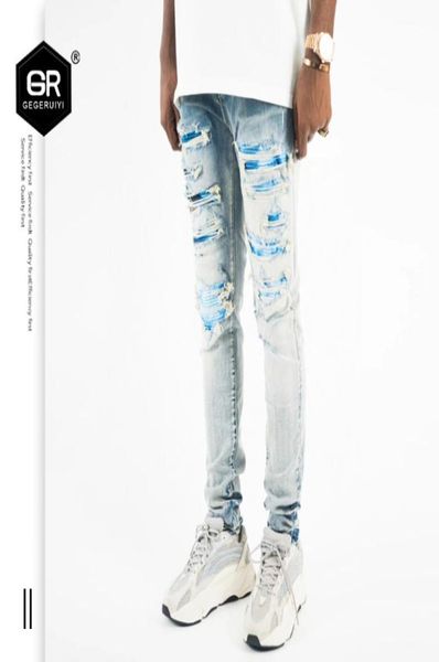 

mens jeans european and american style fashion hole patch dyein washing folding making old leisure slim little feet and tight pant2000476, Blue