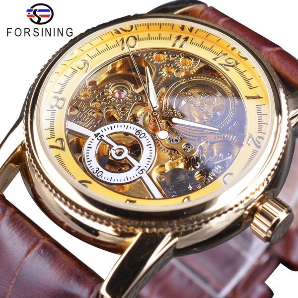 

forsining classic royal retro luxury series golden case hollow skeleton dial brown leather mens automatic watch brand luxury334w, Slivery;brown
