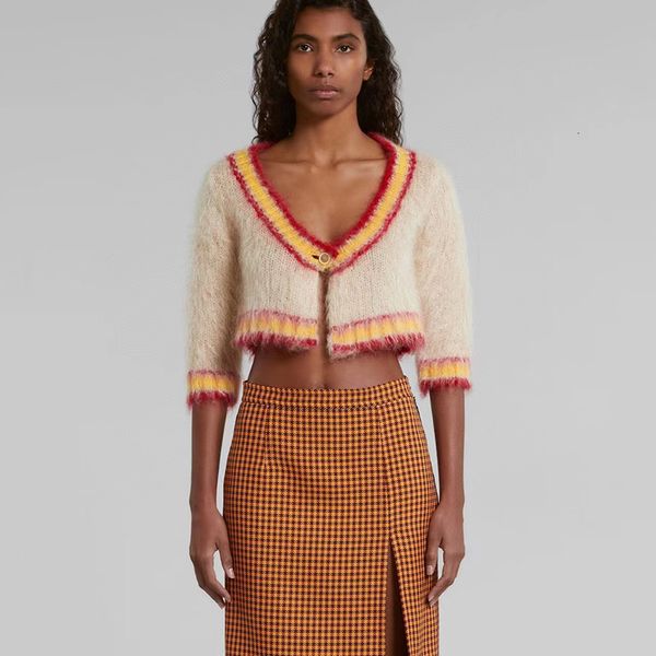 

womens knits tees splicing collision color paneled short section of a button mohair knitted cardigan autumn low collar womens 230821, White
