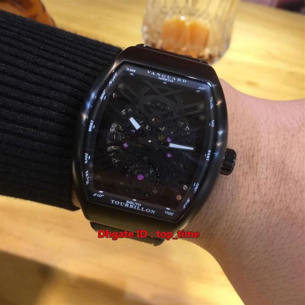 

6 style vanguard automatic mechanical mens watch v 45 s6 sqt nr black pvd full black skeleton dial leather&rubber strap gents spor2905, Slivery;brown