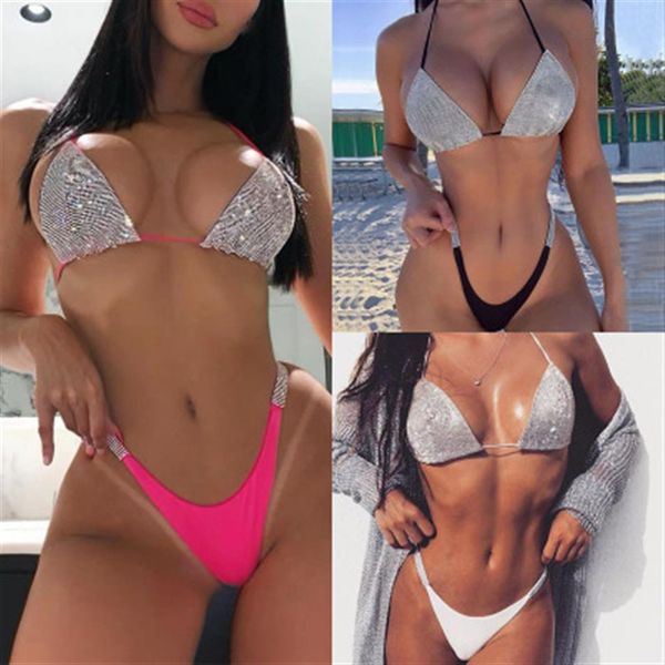 

2021 test two piece swimsuit women bikini set bandage push-up padded swimwear swimsuit bathing brazilian drilling shinny bi