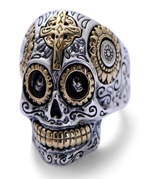 

real solid 925 sterling silver skull rings for men retro pure gold color cross and sun fower engraved vintage punk jewelry c1812287264533, Slivery;golden
