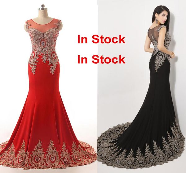 

2019 luxury formal evening prom party dresses red black mermaid sheer neck crystal beads celebrity mother gowns real image arabic9249391, Black;red