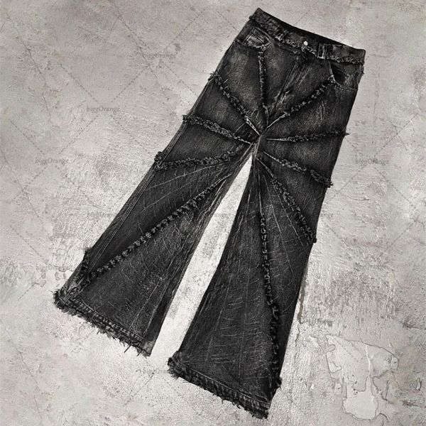 

men's jeans street retro raw edge high waist skinny jeans men's y2k fashion casual loose versatile distressed wide leg jeans women, Blue