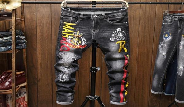 

black embroidered men039s jeans casual letter printed pants ripped hole pantalones para hombre vaqueros4496840, Blue