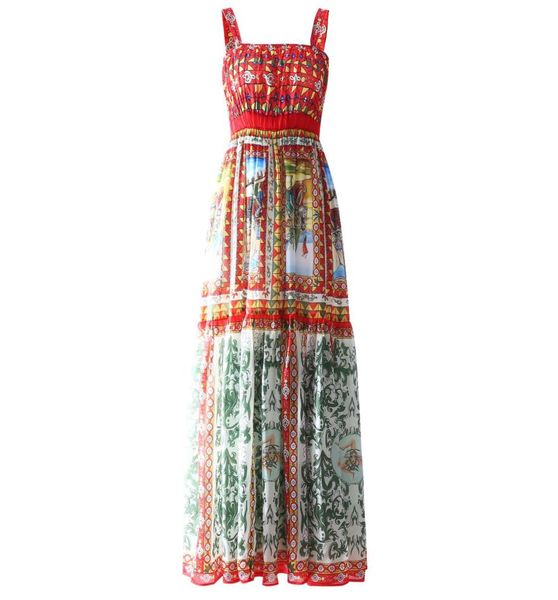 

summer highquality silk blend printed elasticwaist dress017950287, Black;pink