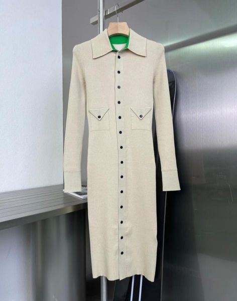 

2021 apricot knitting long dress designer lapel neck long sleeves bodycon dresses womens buttons vestidos de festa 830501396150, Black