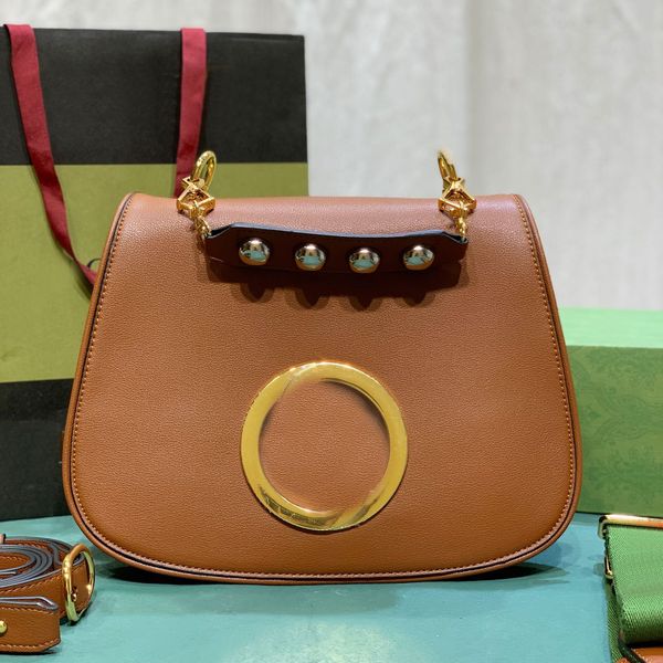 

7a designer saddle bags solid genuine leather purse gold logo 29cm high imitation handbags rivet handle