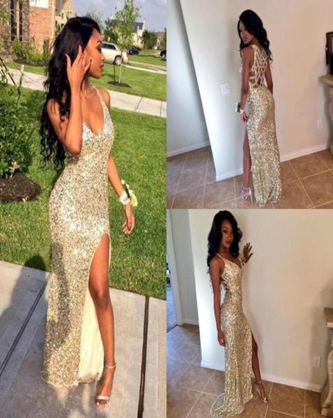 

sparkle sequins silver gold prom dresses v neck 2016 high slit mermaid criss cross back plus size graduate gowns evenin2803440, Black