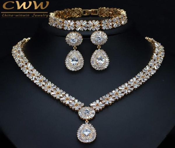 

cwwzircons exclusive dubai gold plate jewellery luxury cubic zirconia necklace earring bracelet party jewelry set for women t053 t1209192, Slivery;golden