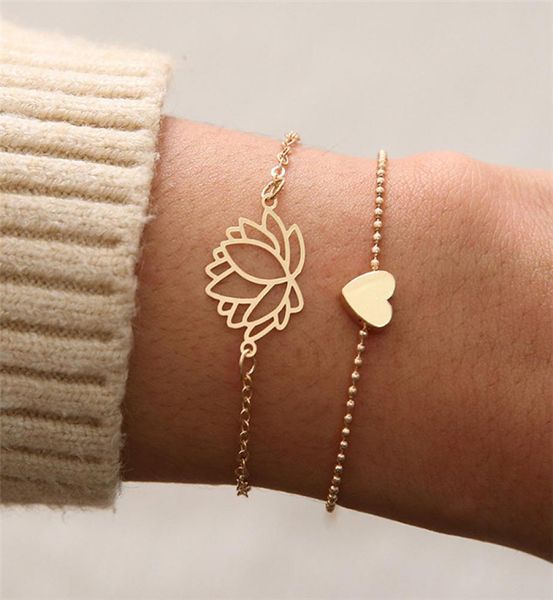 

2pcsset creative personality love heart shaped lotus bracelet women double chain bracelets girl chirstmas gift jewelry t1214385644, Golden;silver