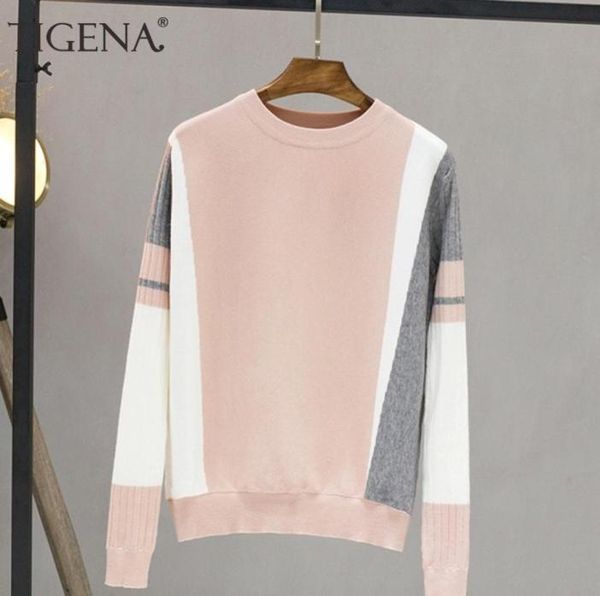 

tigena contrast color pullover sweater women fall winter long sleeve knit jumper sweater female black pink knitwear clothes 2010306936440, White