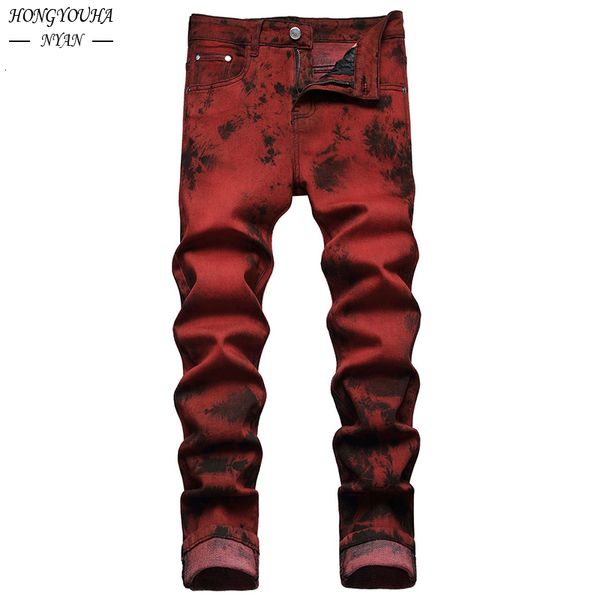 

men's jeans brand mens jeans slim tie dye snow wash brick red denim straight pants vintage streetwear fashion casual trousers 230821, Blue
