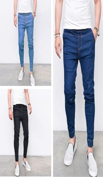 

mens jeans drawstring slim pencil pants mens streetwear full length pants biker jeans male fashion pants 3273168, Blue