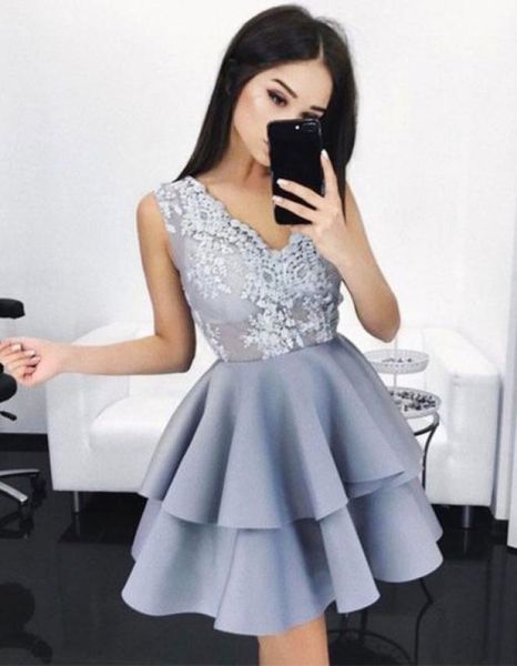 

2017 new arrival elegant v neck lace homecoming dresses layers sleeveless a line short cocktail dresses girls party gowns mini8033176, Blue;pink