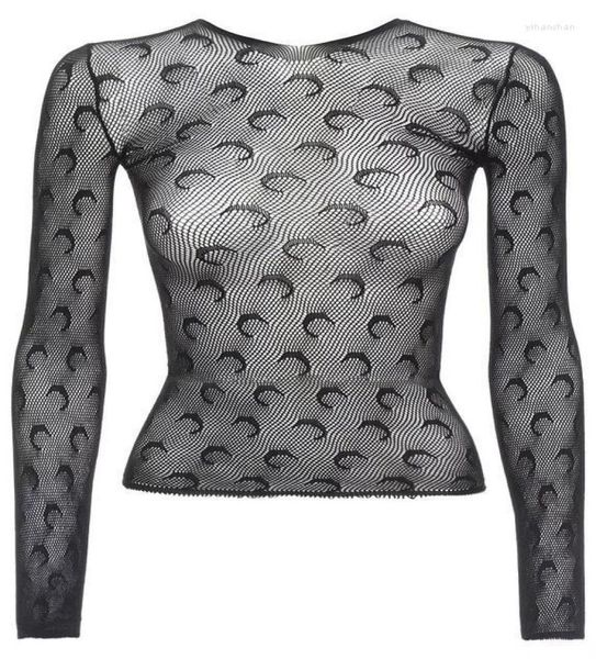 

moon printed transparent mesh tshirt women oneck long sleeve slim basic casual female 2022 spring5660262, White