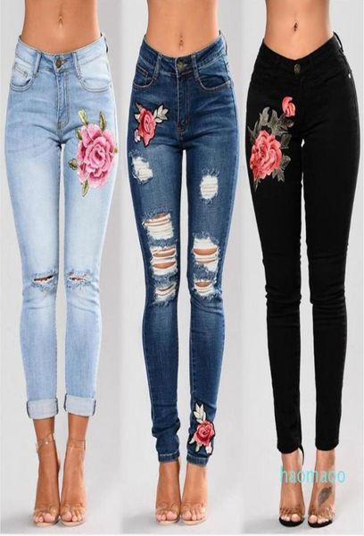 

stretch embroidered jeans for woman elastic flower jeans female slim denim pants hole ripped rose pattern pantalon femme3770789, Blue