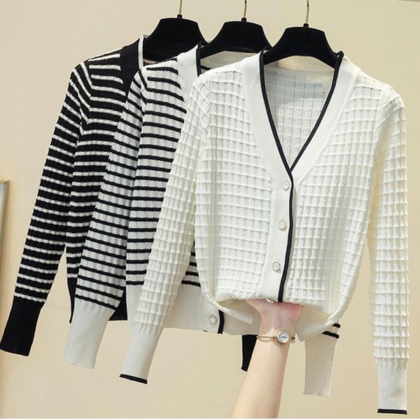 

women's knits tees open stitch sweater vneck knitted women sweaters spring autumn striped pull femme loose button long sleeve jersey mu, White