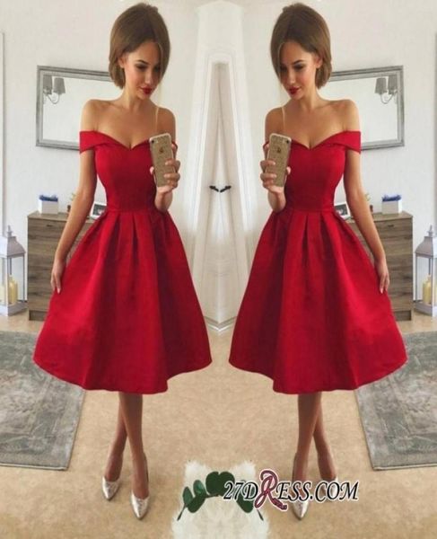 

simple style red cocktail dresses off shoulder ruched satin knee length a line prom party gowns7059180, Black