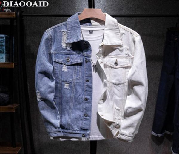 

diaooaid 2020 young men039s double color stitching denim jacket leisure color matching hole denim jacket male personality cloth1135778, Black;brown