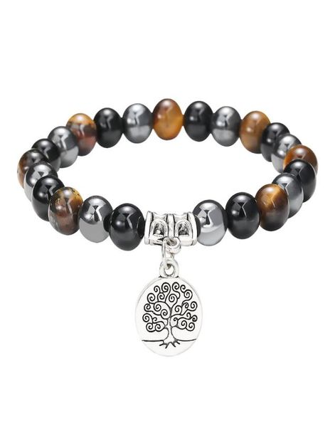 

new 6mm 8mm natural stone beaded couples bracelet black agate tiger eye hematite energy beads life tree charm bracelet jewelry fit9897405, Golden;silver
