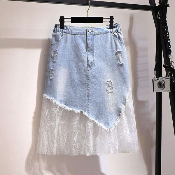 

item title skirt pounds super large womens clothing fat spring mesh stitching a line gauze butt wrapped denim, Black